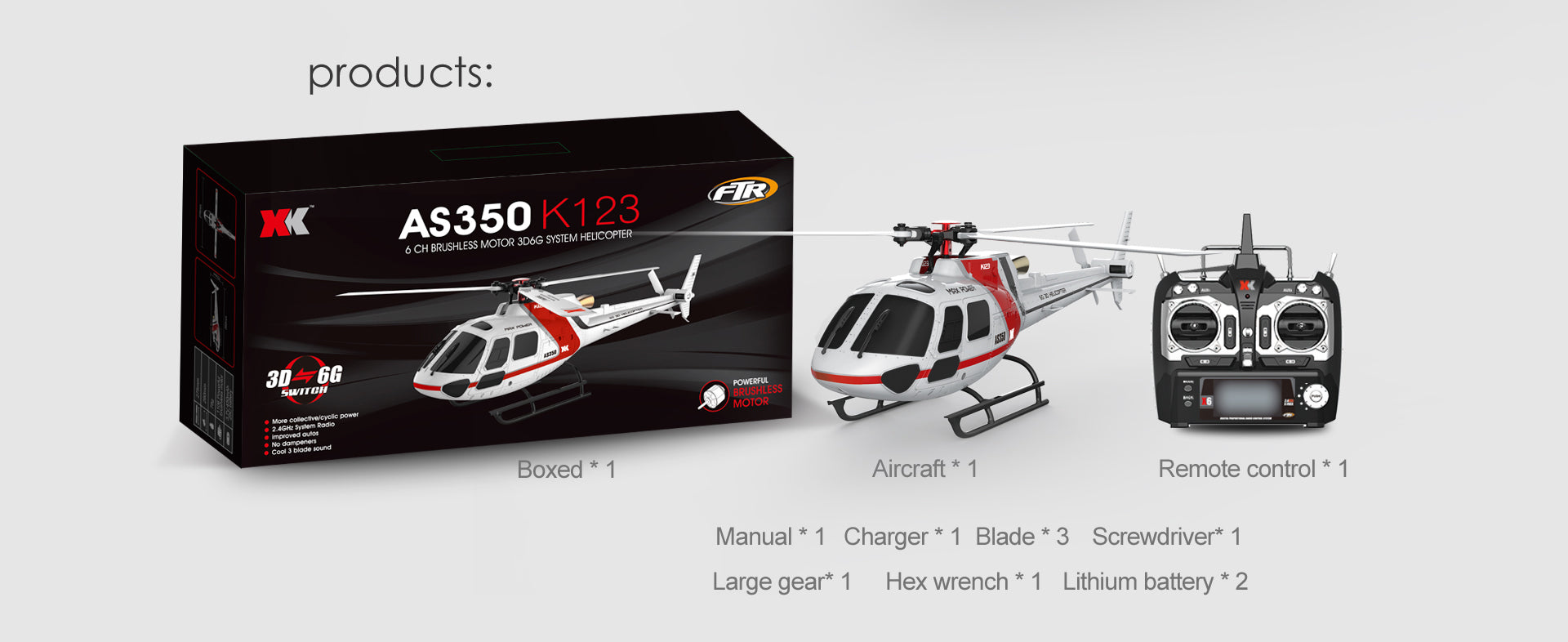 XK K123 6CH Brushless AS350 Scale RC Helicopter RTF Mode 2