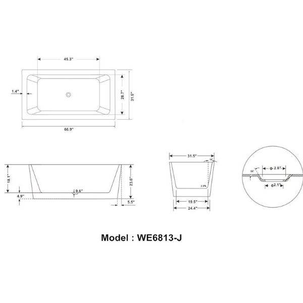 Legion Furniture Acrylic 67" White Double Ended Freestanding Bathtub WE6813 Measurement View