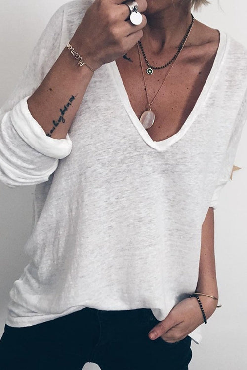 Casual Solid Loose Long Sleeve V-Neck T-Shirt