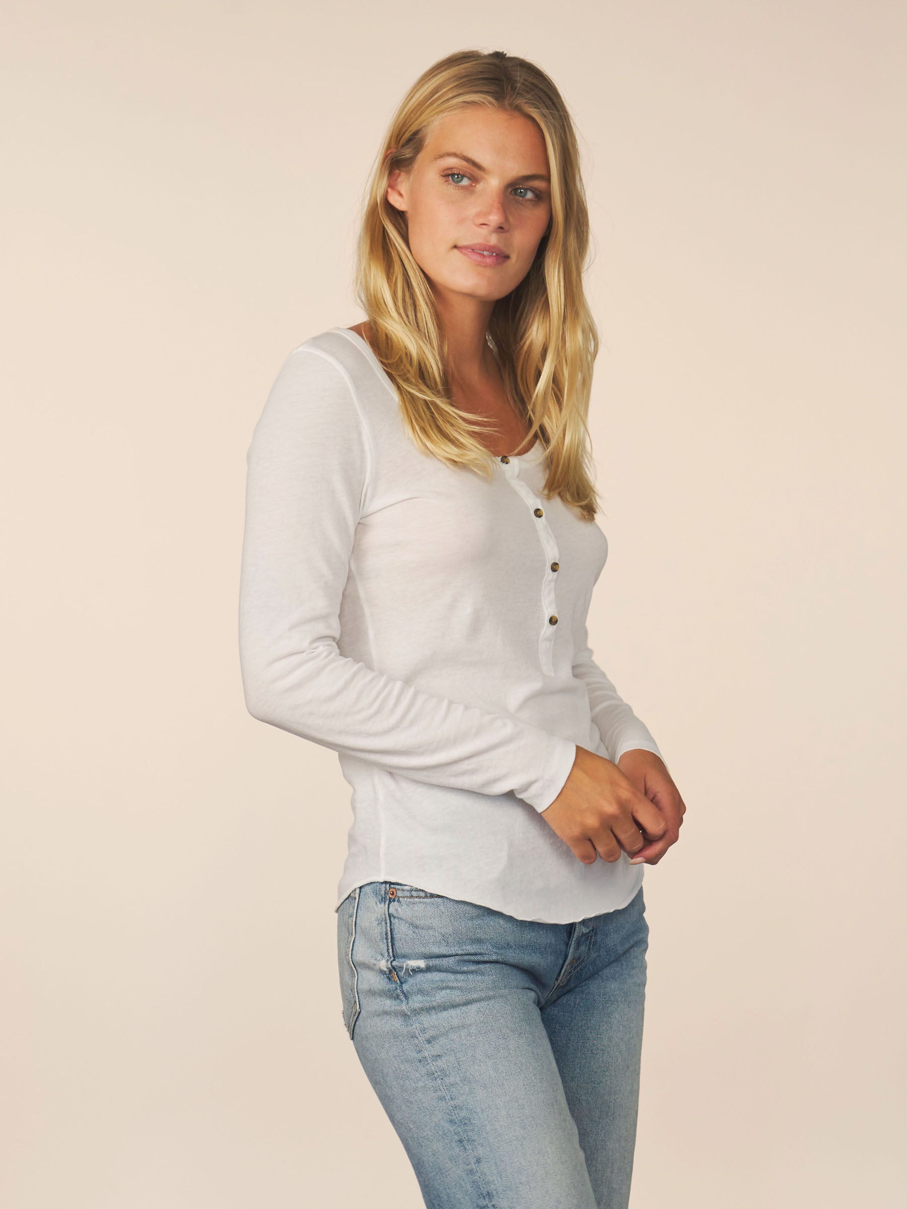 women’s cotton cashmere long sleeve henley - white - Busbee McQuade