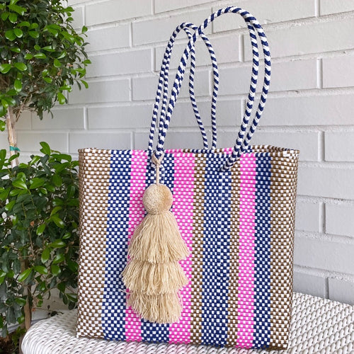 Medium Oaxaca Handwoven Tote -  Navy/Pink/Gold Stripe with Tan Pom