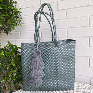 Medium Oaxaca Handwoven Tote - Green/Grey Diamond with Grey Pom