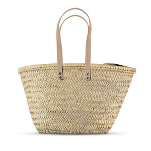 Moroccan French Market Basket (Beige Long Leather Straps)