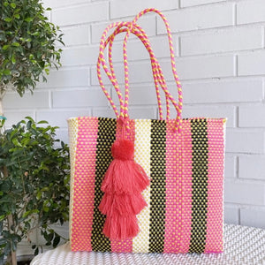 Medium Oaxaca Handwoven Tote - Coral/Yellow/Black Stripe