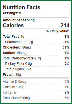 Nutritional information for the Mushroom Pork tenderloin: 214 calories per serving, 6.4 grams fat, 2.7 grams carbs, 35 grams protein