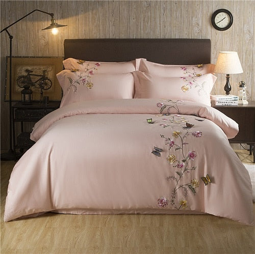 Butterfly Embroidery Luxury White Silky Egyptian Cotton Bedding