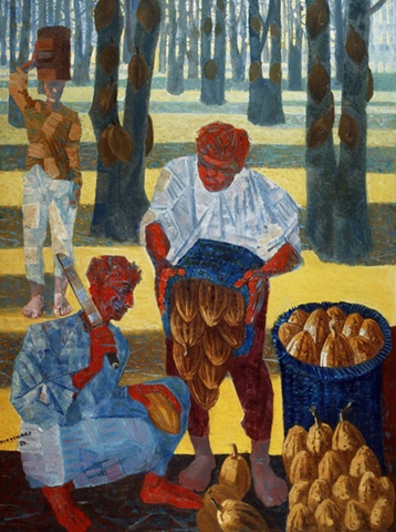 Cacao Harvest by Candido Portinari was created in 1945 and depicts the process of harvesting the cacao pod in three phases.