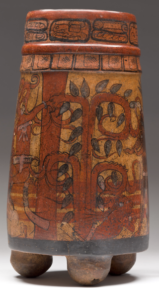 Cylinder vessel depicting the creation of cacao by a Mayan god.