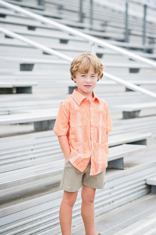 orange and white gingham dress