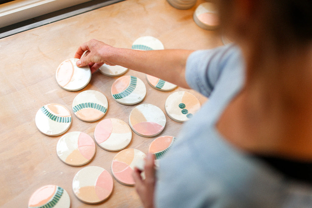 hand painted ceramic coasters by Jenn Johnston for Stone and Wood