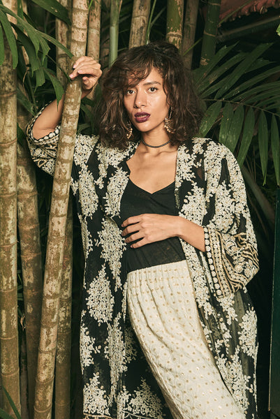 Moonlight Wanderer Long Black and White Kimono | Coco Bombay