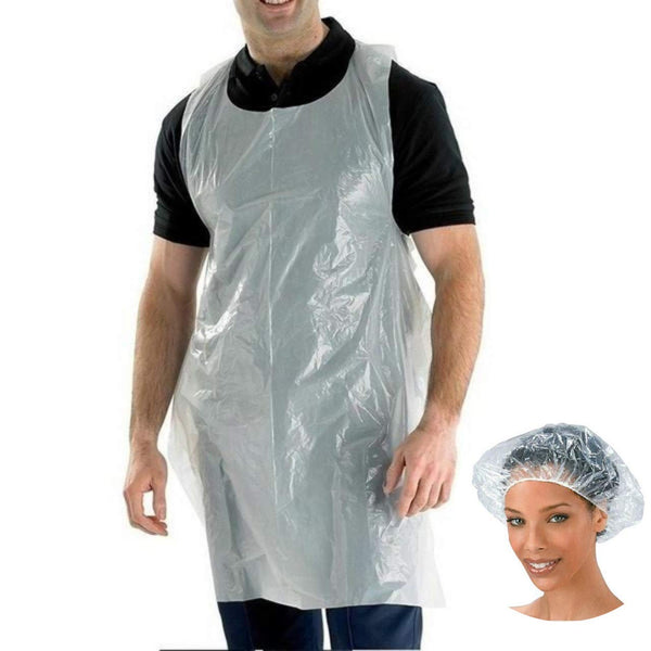 100 White Disposable Plastic Aprons with Optional 5 Clear Disposable Protective Hair Covers 0