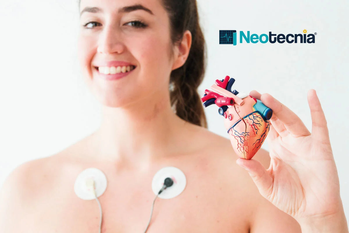 Mujer con electrodos en el pecho sosteniendo la figura de un corazón humano