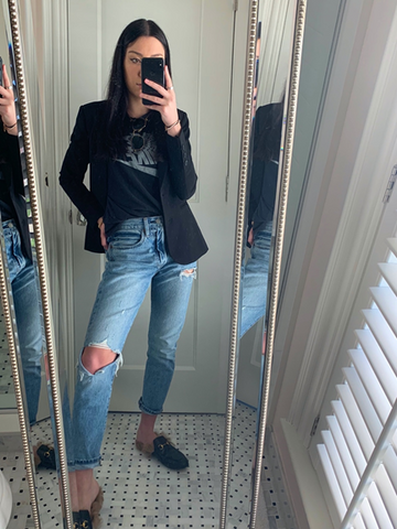 Black blazer styled for running errands