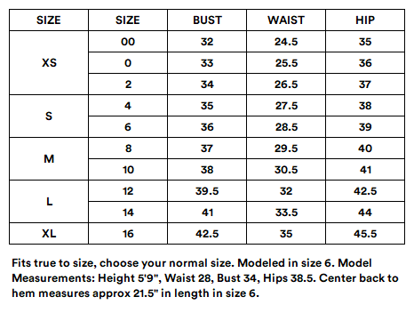 Suitably Suite Skirt Size Chart