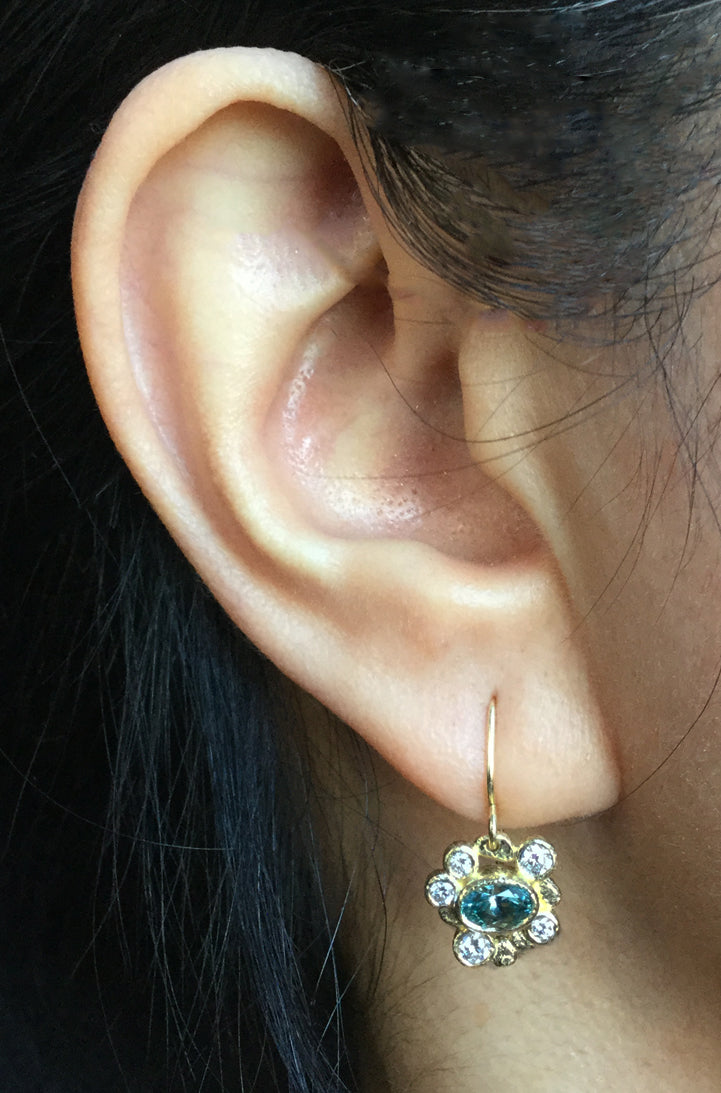 Oval Blue Zircon Earrings with white diamonds