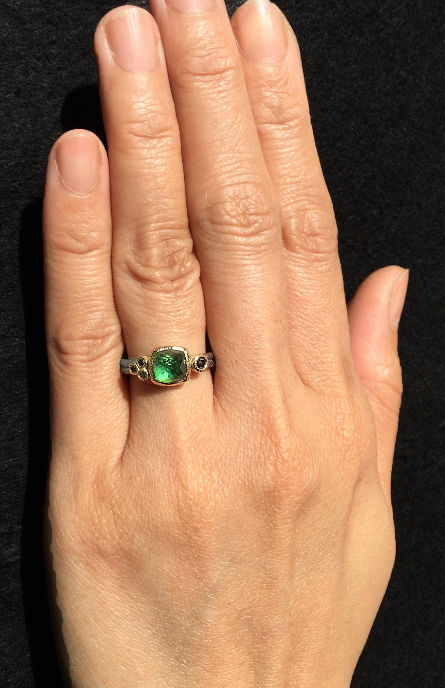 Delicate Double Band Ring with blue-green tourmaline and black diamonds