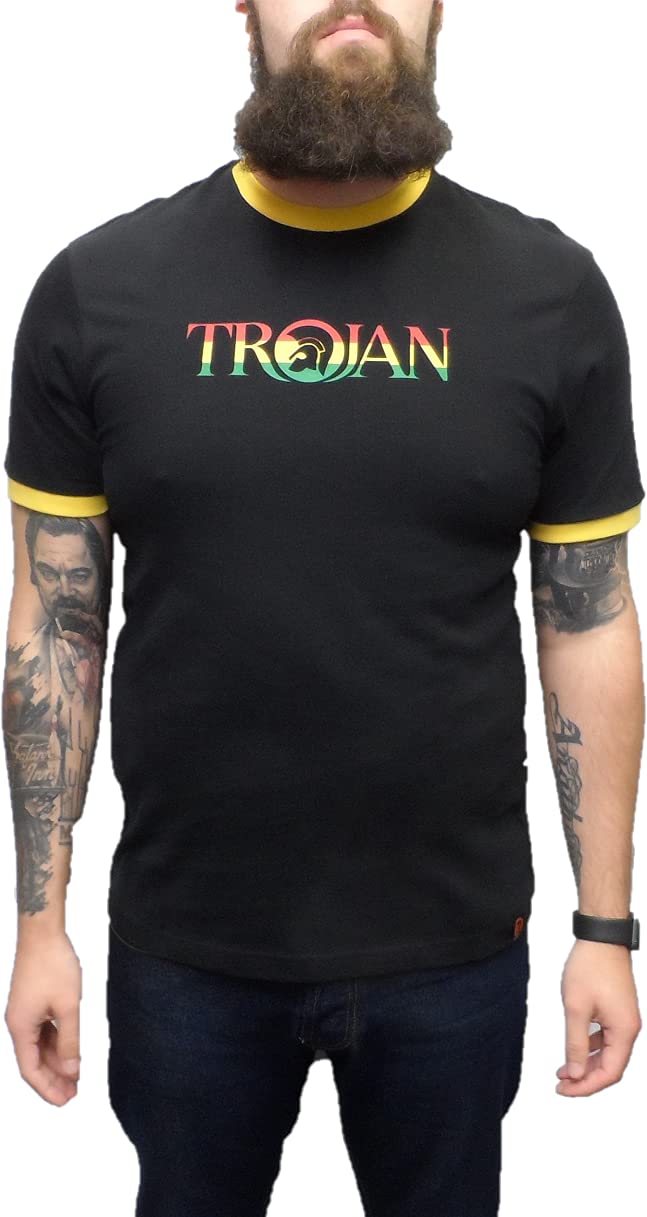 Trojan Records Mens Black Rasta Logo 100% Cotton Peach T-Shirt