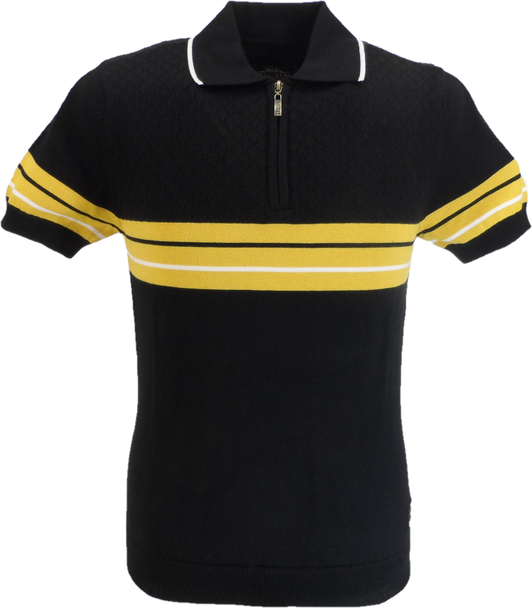 Trojan Records Mens Black Zip Striped Knit Polo Shirt