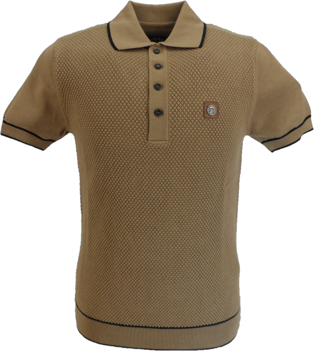 Trojan Records Mens Camel Brown Textured Knitted Polo Shirt