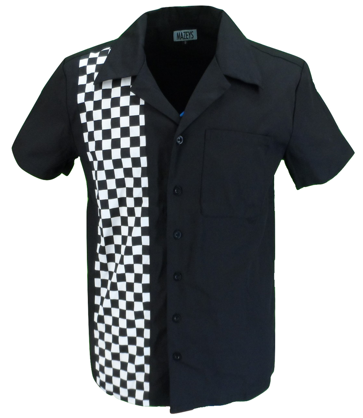 Mens Retro Black and Checkerboard Rockabilly Bowling Shirts - Mazeys UK