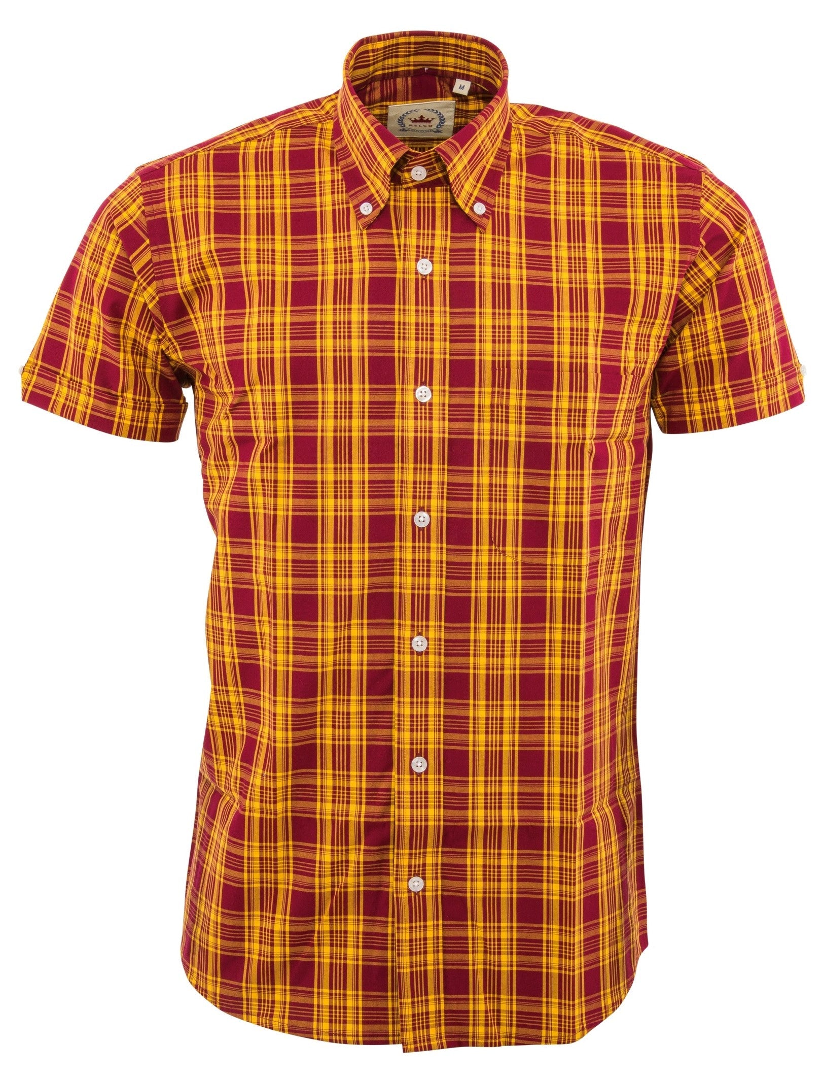 Relco Mens Burgundy & Mustard Checked Short Sleeved Button Down Shirts