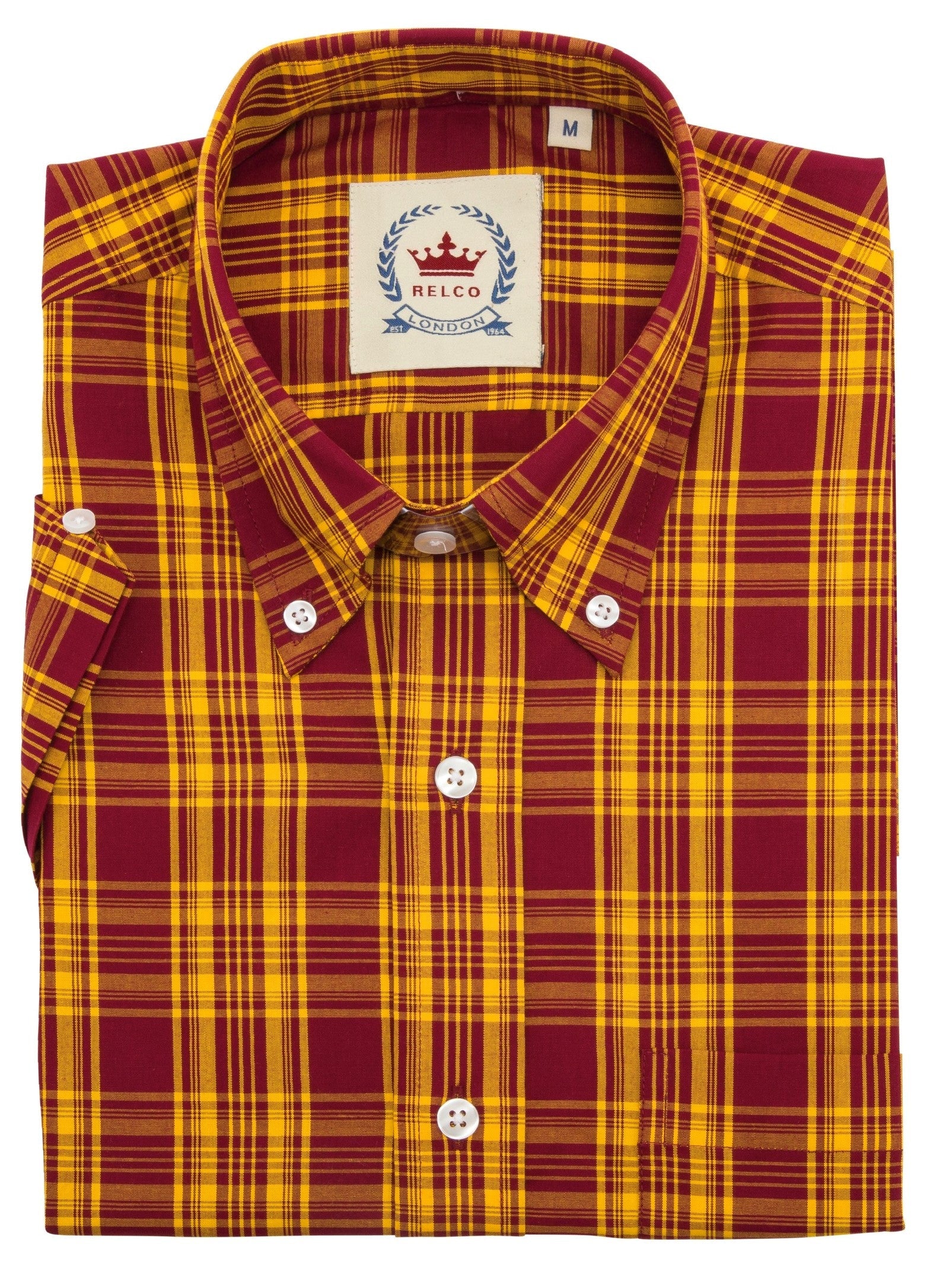 Relco Mens Burgundy & Mustard Checked Short Sleeved Button Down Shirts