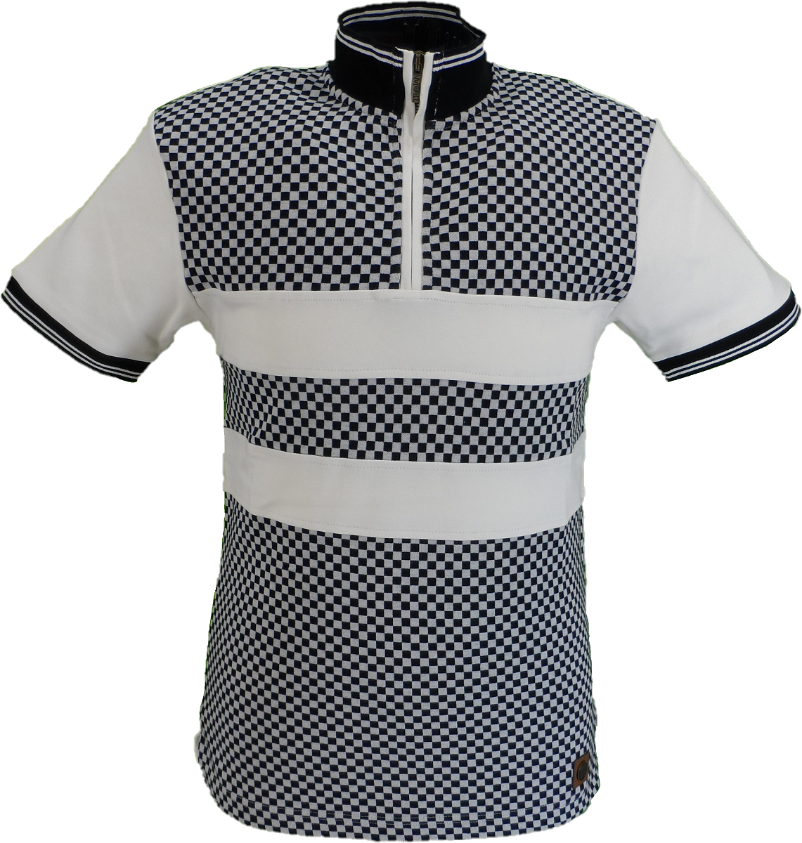 Trojan Mens Ecru Checkerboard Front Zipped Funnel Neck Top