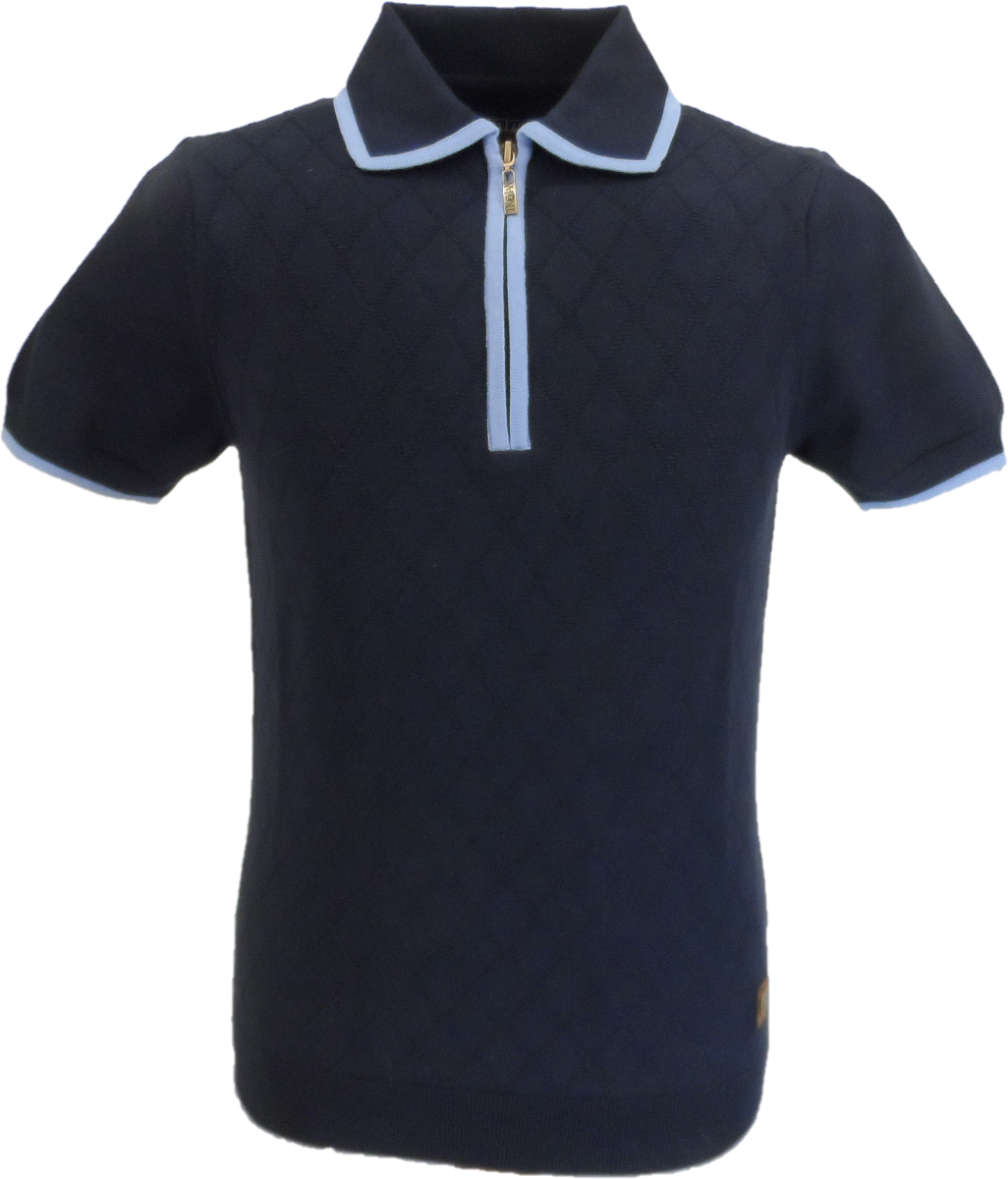 Trojan Records Mens Navy Blue Diamond Zipped Knitted Polo Shirt