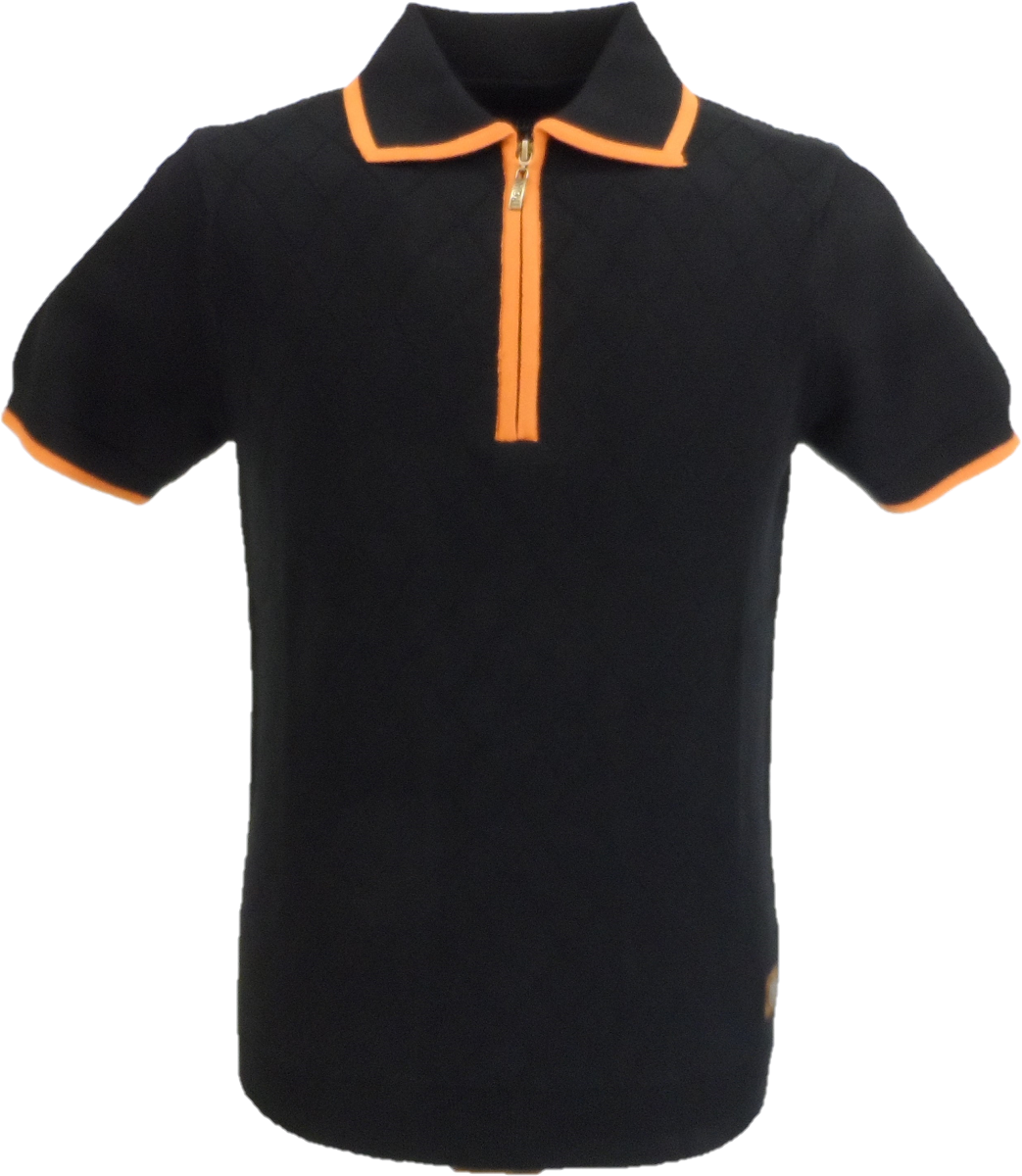 Trojan Records Mens Black Diamond Zipped Knitted Polo Shirt