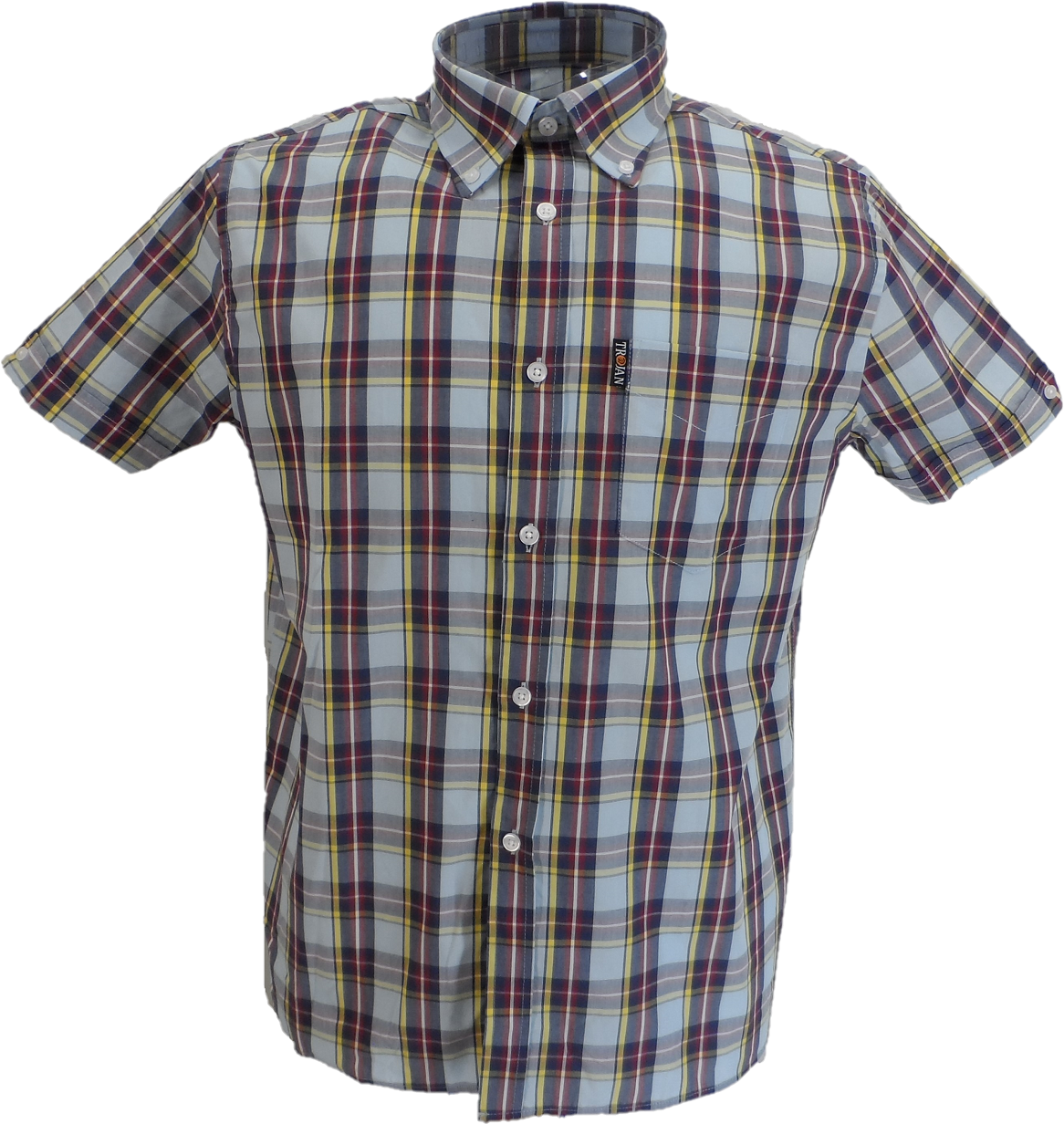 Trojan Mens Sky Blue Check 100% Cotton Short Sleeved Shirts and Pocket Square