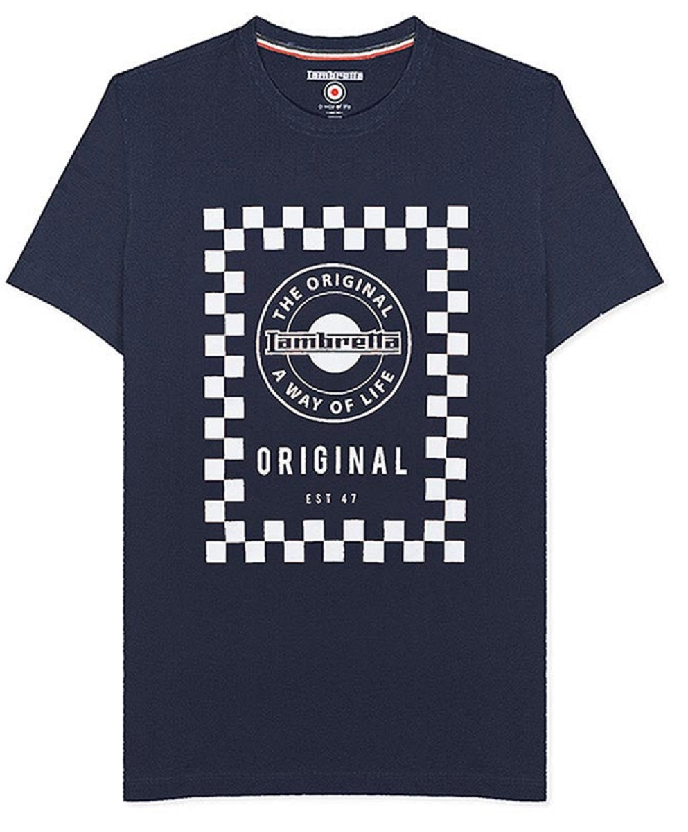 Lambretta Mens Navy Checker Board Retro T Shirt