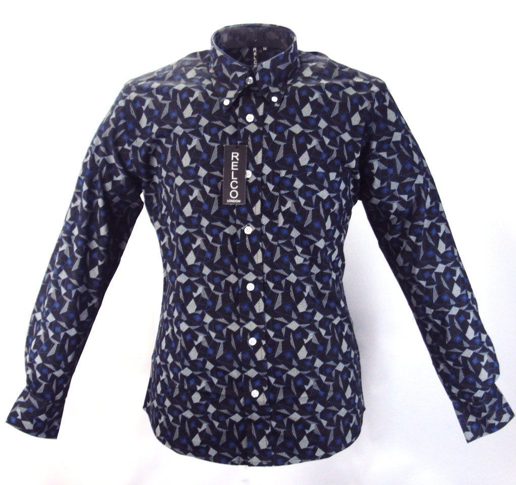 Relco Black Blue Print Cotton Long Sleeved Retro Mod Button Down Shirts