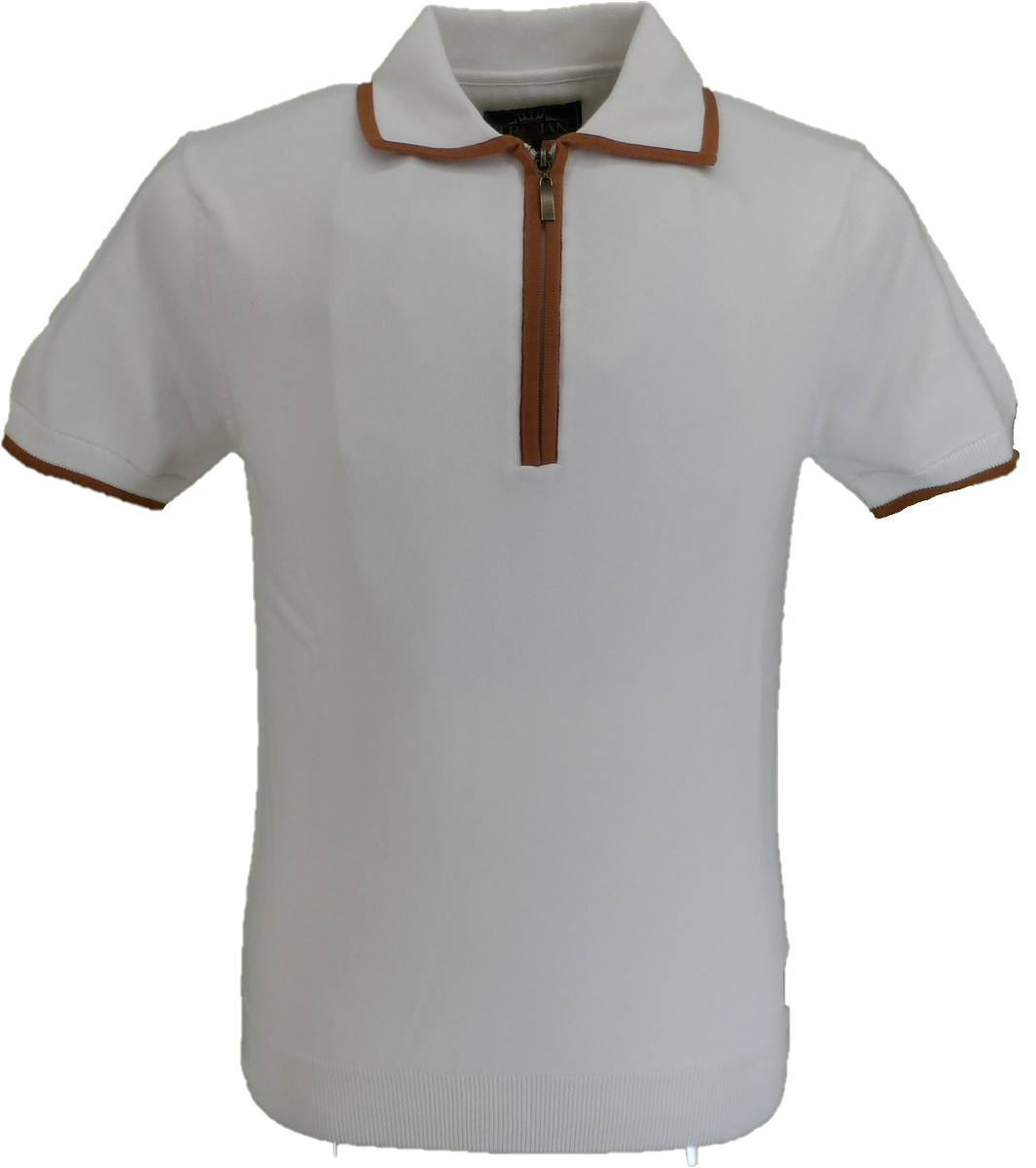 Trojan Records Mens Ecru Zipped Knitted Polo Shirt