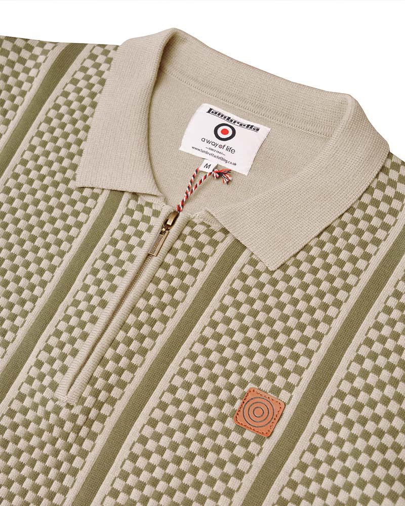 Lambretta Mens Stone/Green Check Zip Knitted Polo Shirt