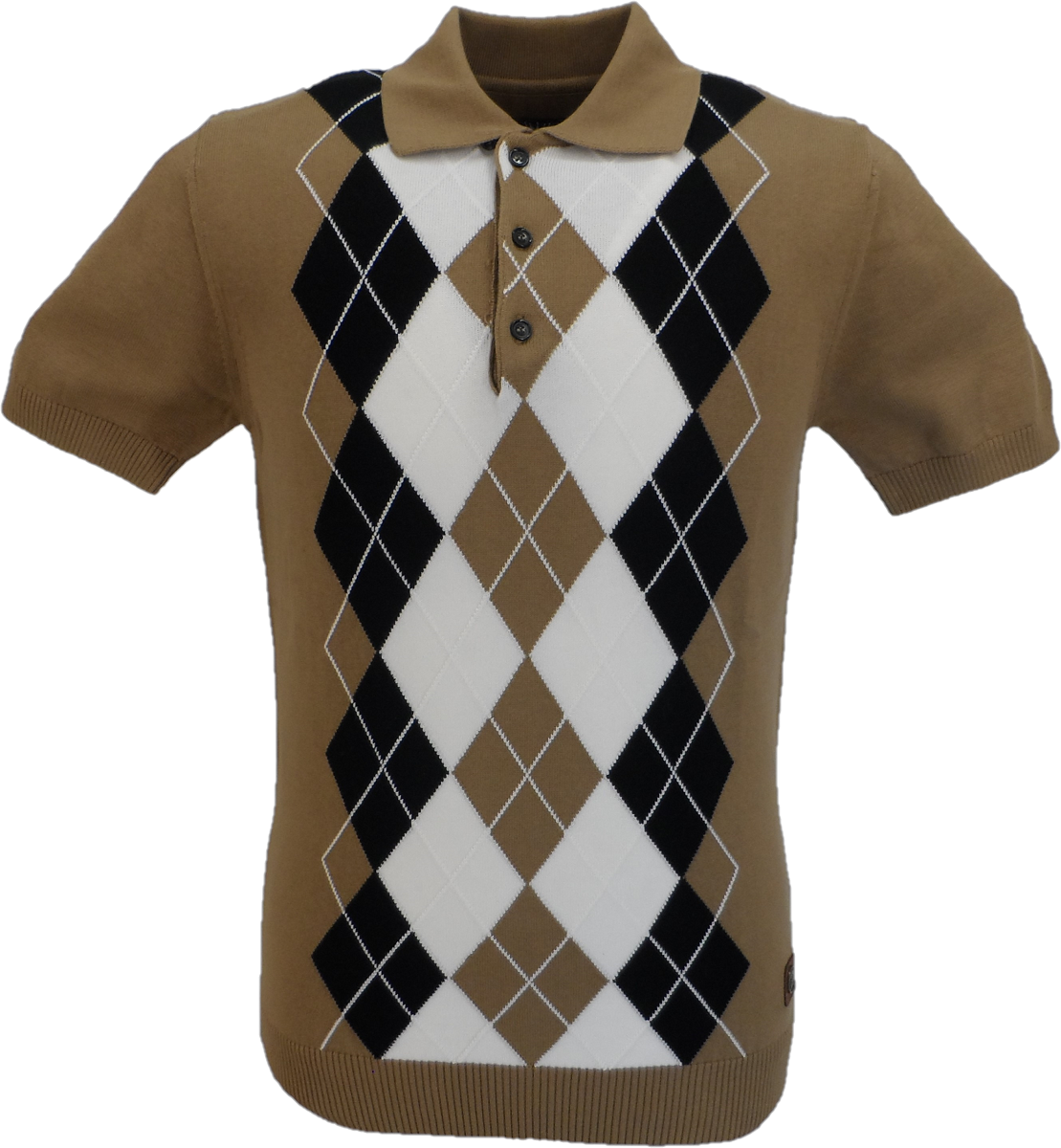 Trojan Records Camel Brown Argyle Fine Gauge Knitted Polo Shirt