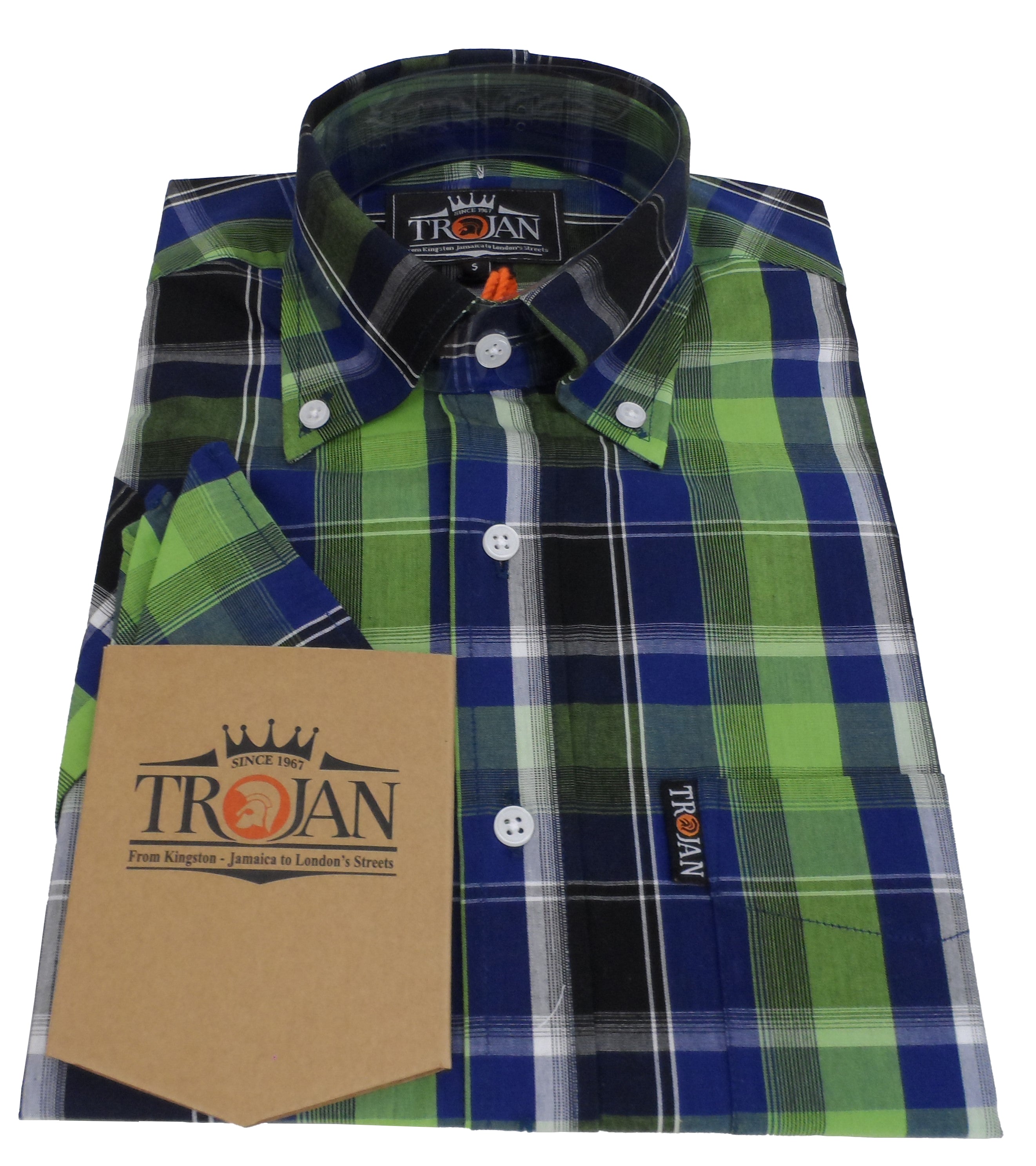 Trojan Mens Lime Green Check 100% Cotton Short Sleeved Shirts and Pocket Square