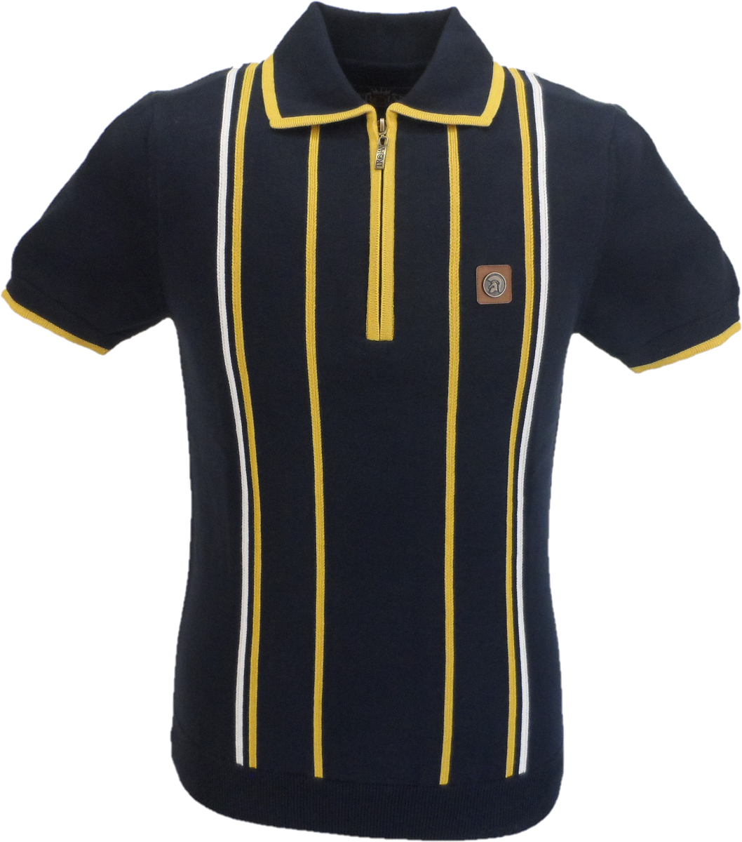 Trojan Records Mens Navy Blue Striped Zipped Knitted Polo Shirt