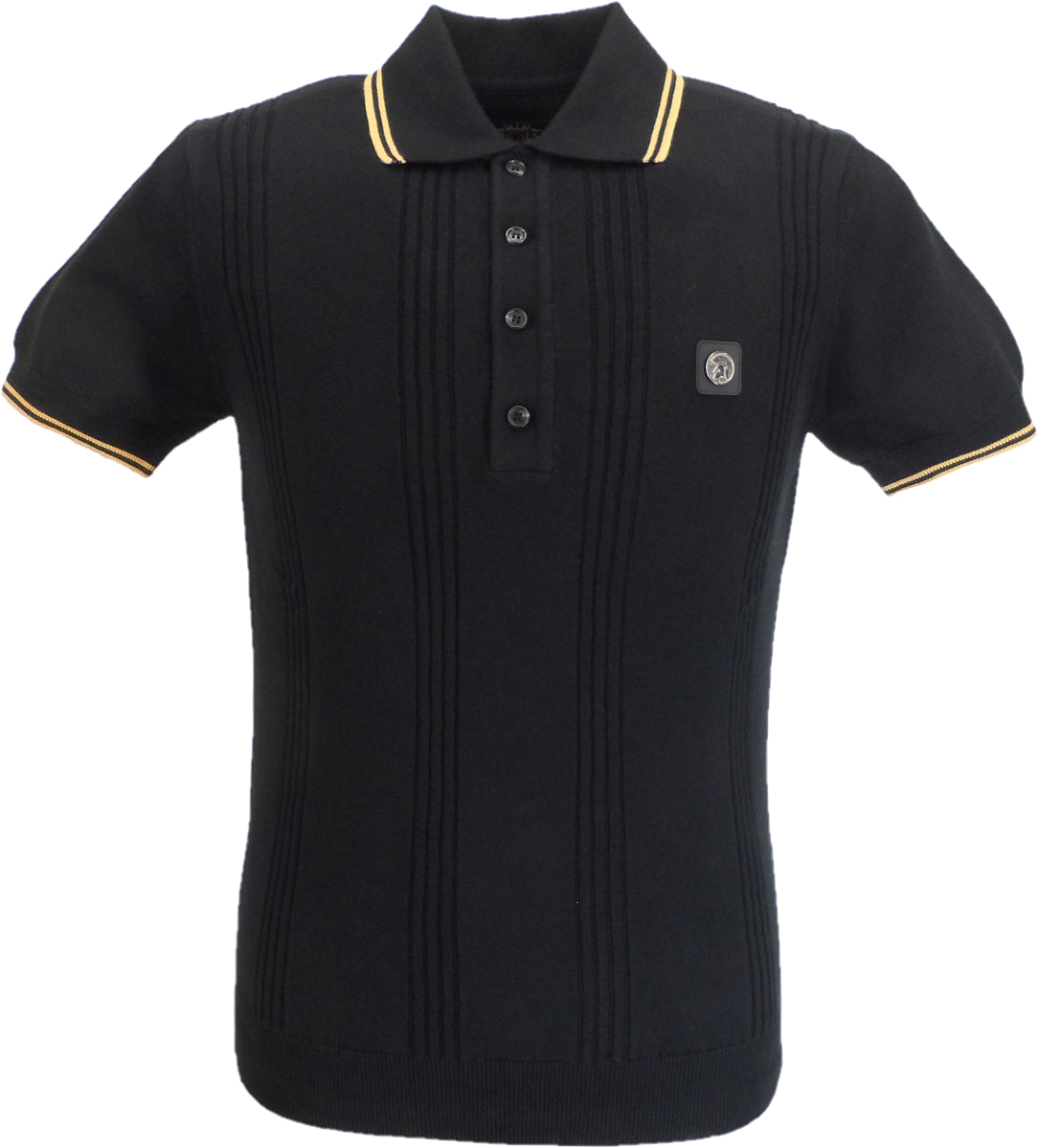 Trojan Records Mens Black Self Stripe Knitted Polo Shirt