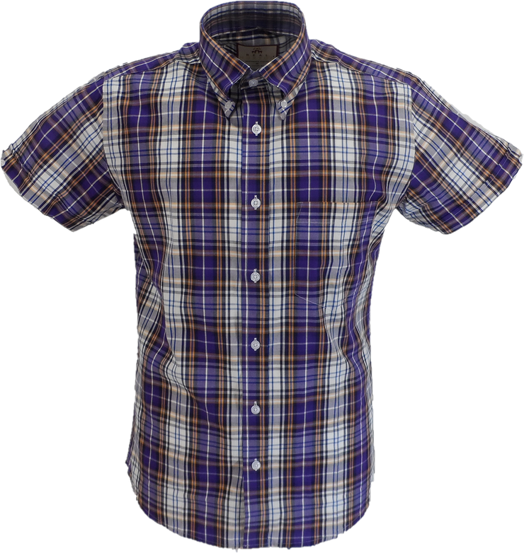 Real Hoxton Mens Purple Checked Short Sleeved Button Down shirts ...