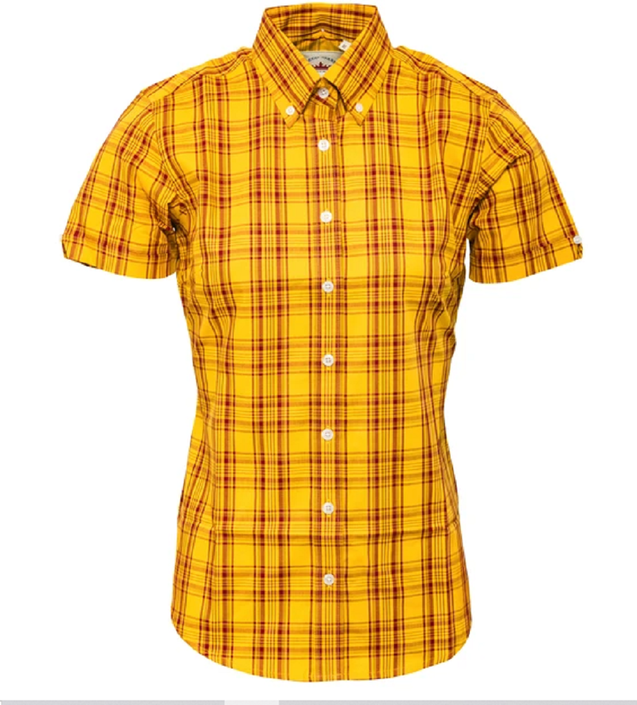 Relco Retro Mustard Burgundy Check Ladies Button Down Short Sleeved Shirts