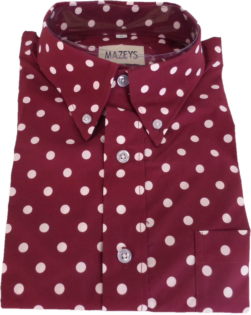 Mazeys Mens Burgundy and White Retro Mod Polka Dot 100% Cotton Shirts…