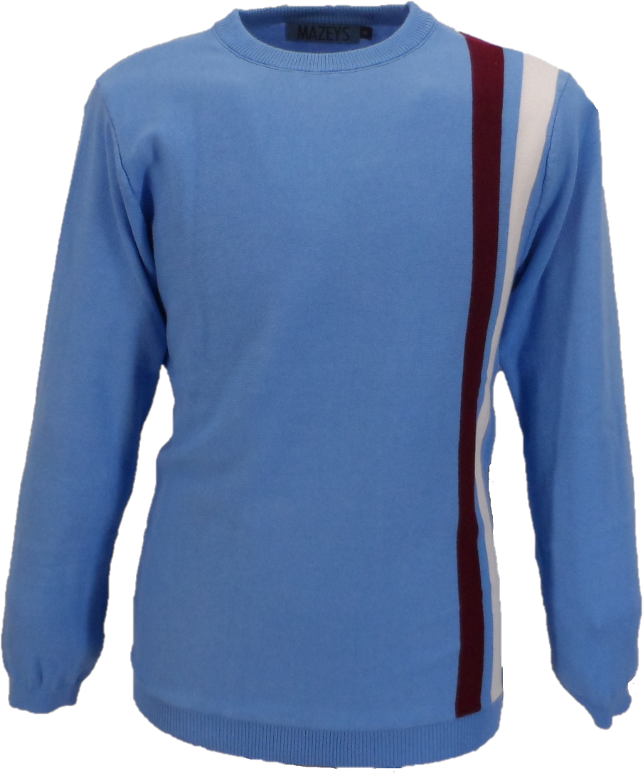 Mens Sky Blue Stripe Fine Gauge Mod Racing Jumper