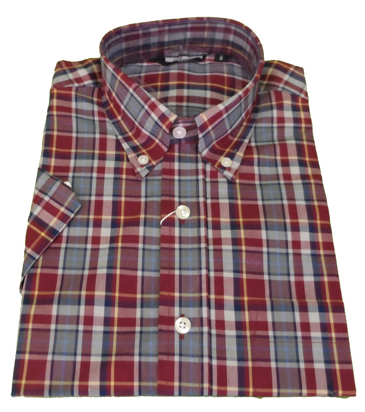 Relco Retro Burgundy & Grey Check Ladies Button Down Short Sleeved Shirts