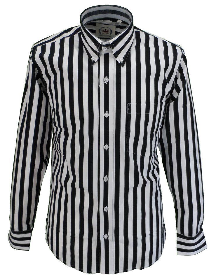 Men's Relco Black & White Striped Button Down Shirt - Mazeys UK