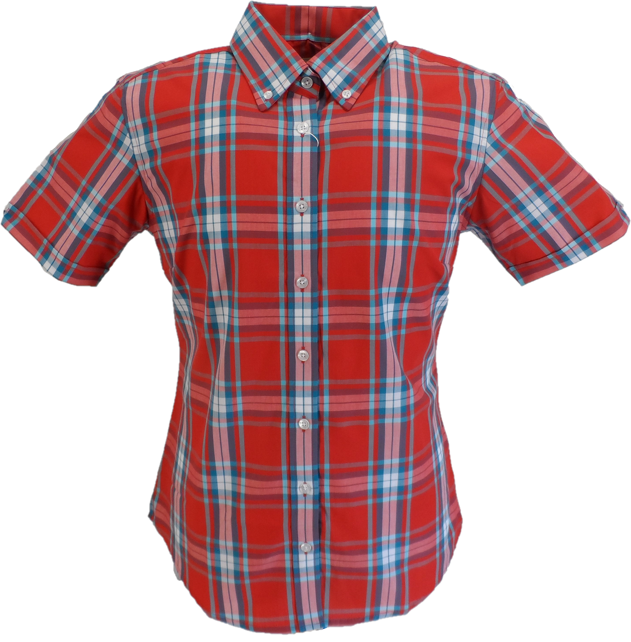 Relco Retro Red Checked Ladies Button Down Short Sleeved Shirts