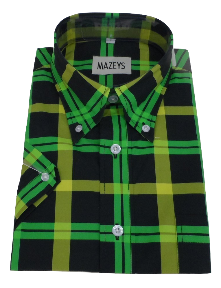 Mazeys Mens Green/Black Checked 100% Cotton Short Sleeved Shirts