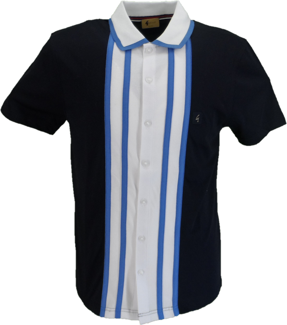 Gabicci Vintage Mens Navy Blue Button Up Striped Polo Shirt