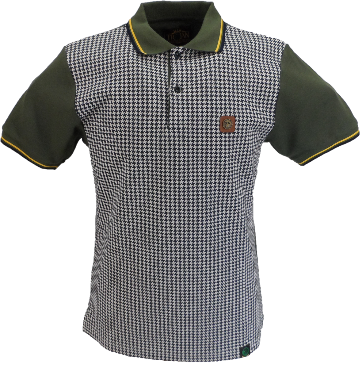 Trojan Records Mens Army Green Dogtooth Front Polo Shirt