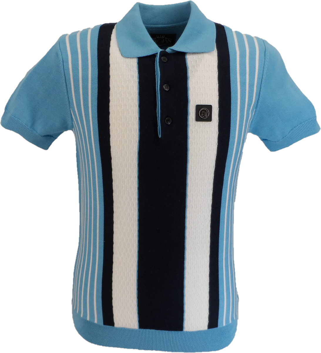 Trojan Records Mint Blue Striped Fine Gauge Knitted Polo Shirt